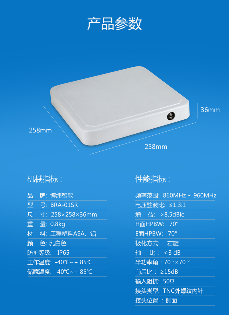 8.5dBic圓極化UHF天線 IP67側饋設計 超高頻rfid天線 BRA-01SR